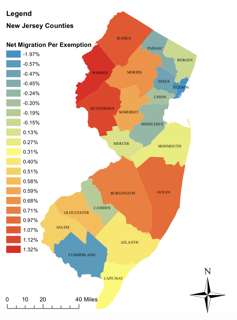 County Net Migration Rates in New Jersey, 2018-2019