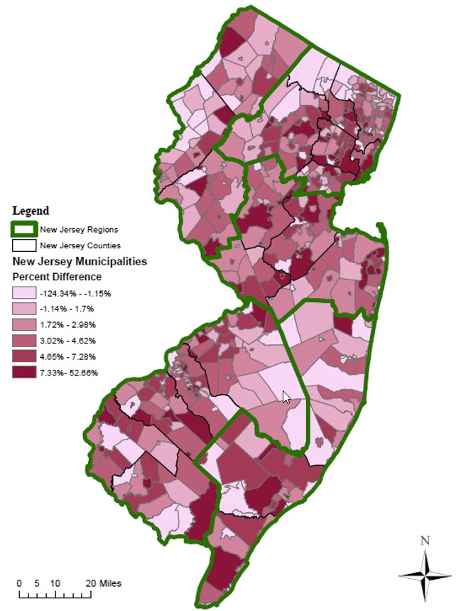 Percent Difference between the 2020 Estimate and Decennial Census Count by Municipality