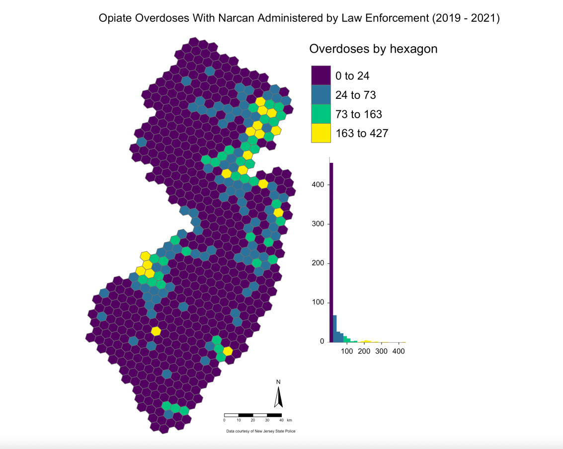 Figure 1 - A map of the total count of opiate overdoses where law enforcement deployed Narcan by hexagon cell since 2019