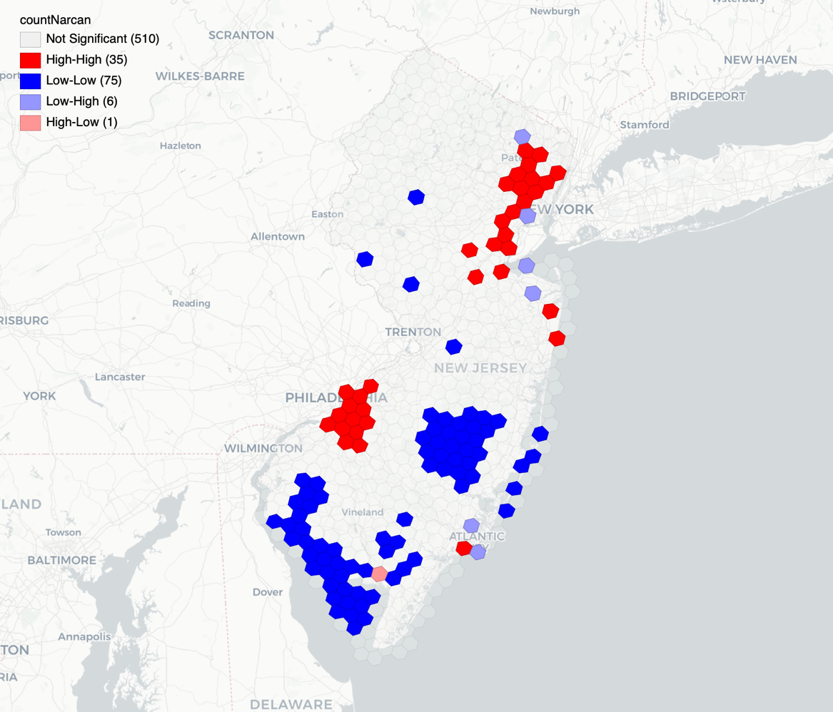 Figure 2 - Hexagons that were identified as being the centers of hot spots or cold spots after spatial audio correlation analysis based on that total count of Narcan deployments in each cell.