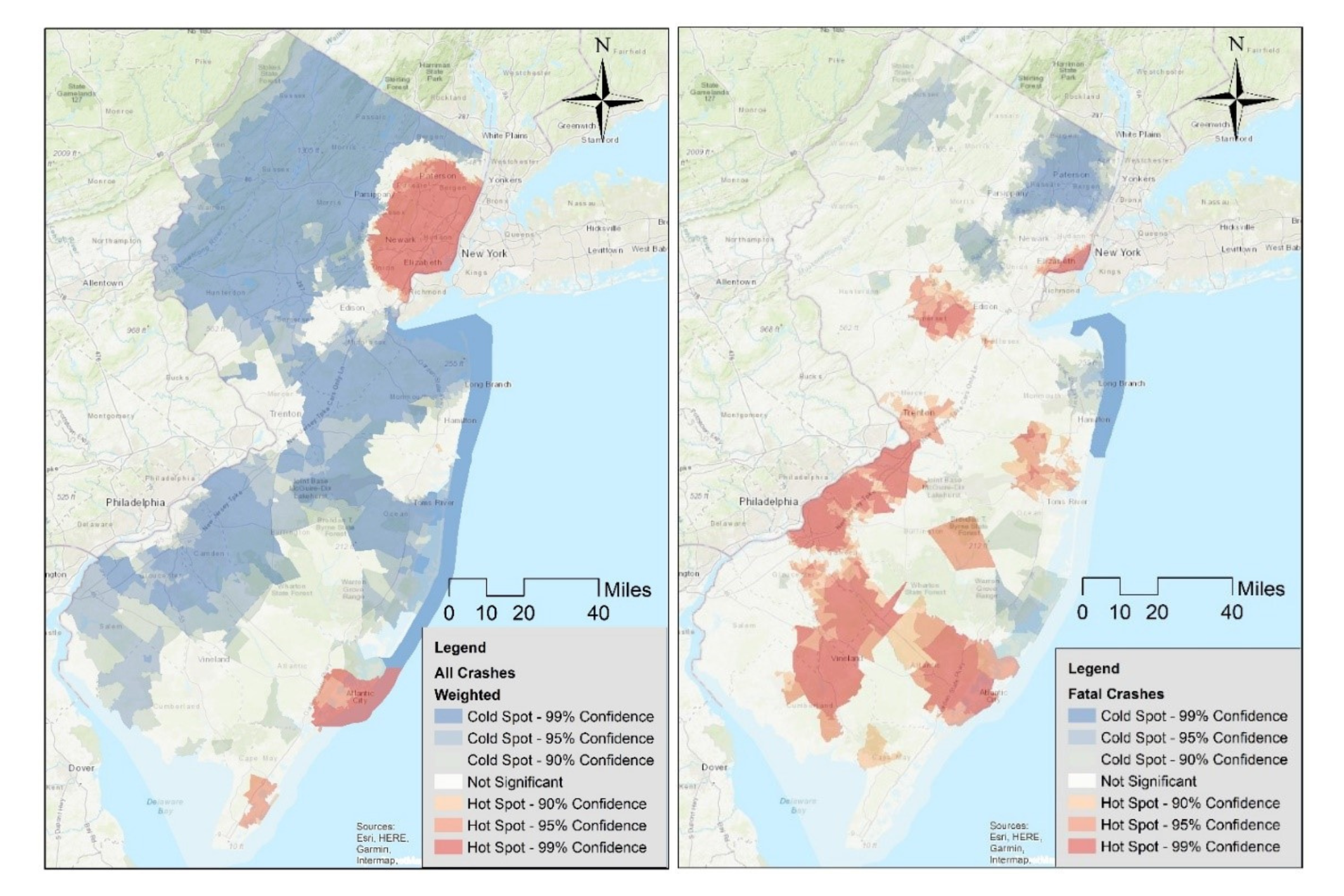 All (left) and fatal (right) pedestrian- and cyclist-involved crash hotspots in New Jersey